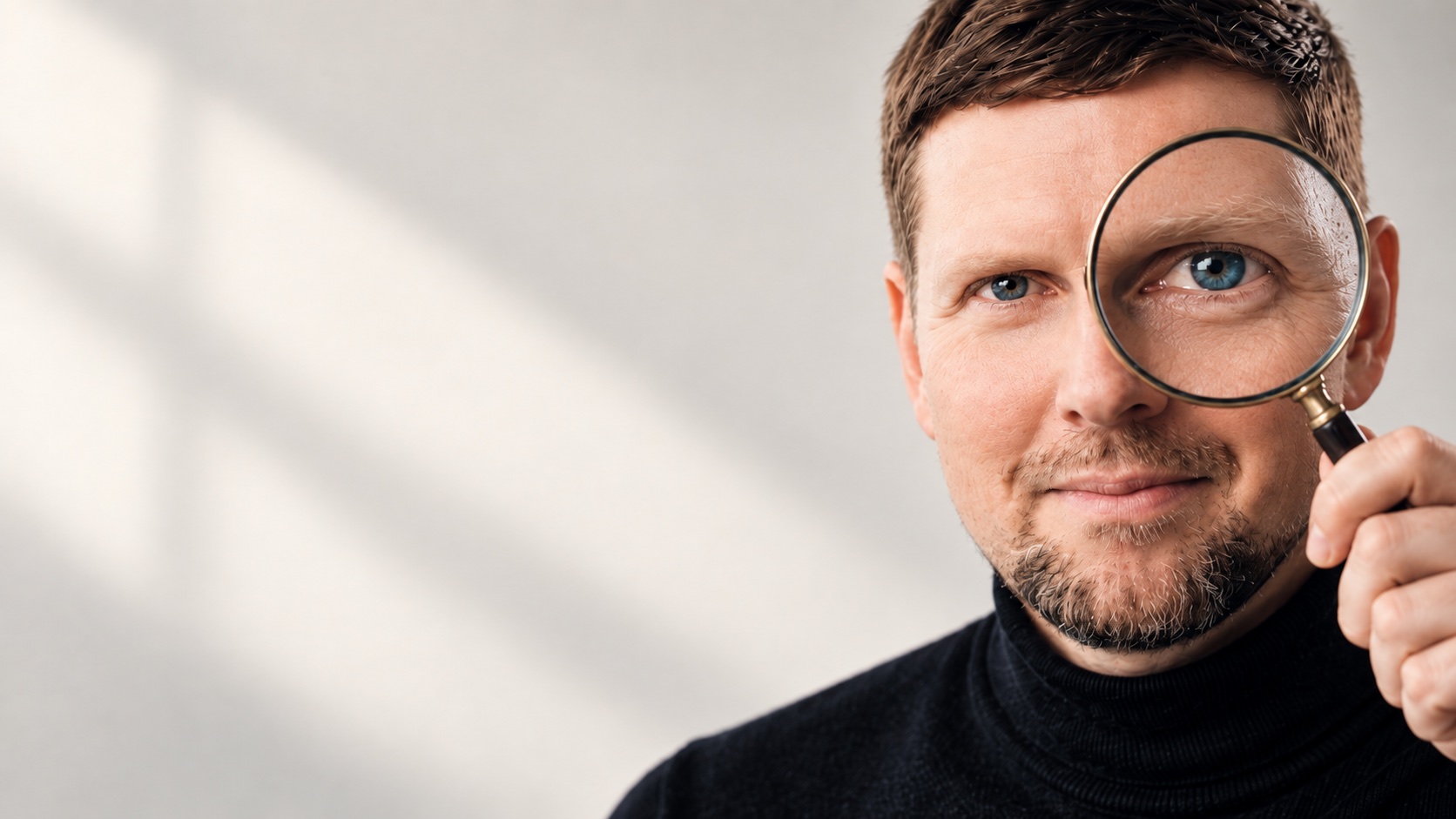 Jacek Zieliński z lupą, patrzący uważnie w stronę aparatu